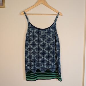 Cabi Border Stripe Cami Tank Top Medium Style 107 Blue Medallion Print Green Hem